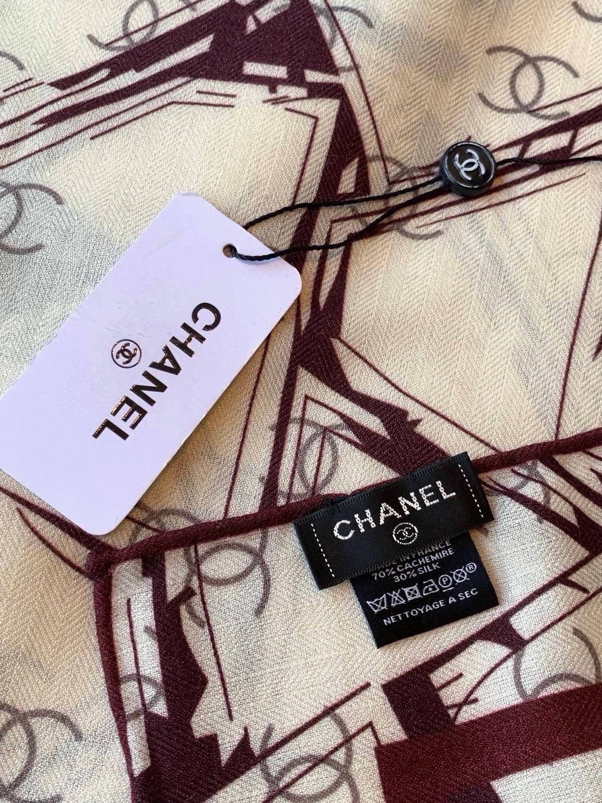 Chanel 2026 Geometric Scarf 135cm Burgundy White Silk And Cashmere 214970