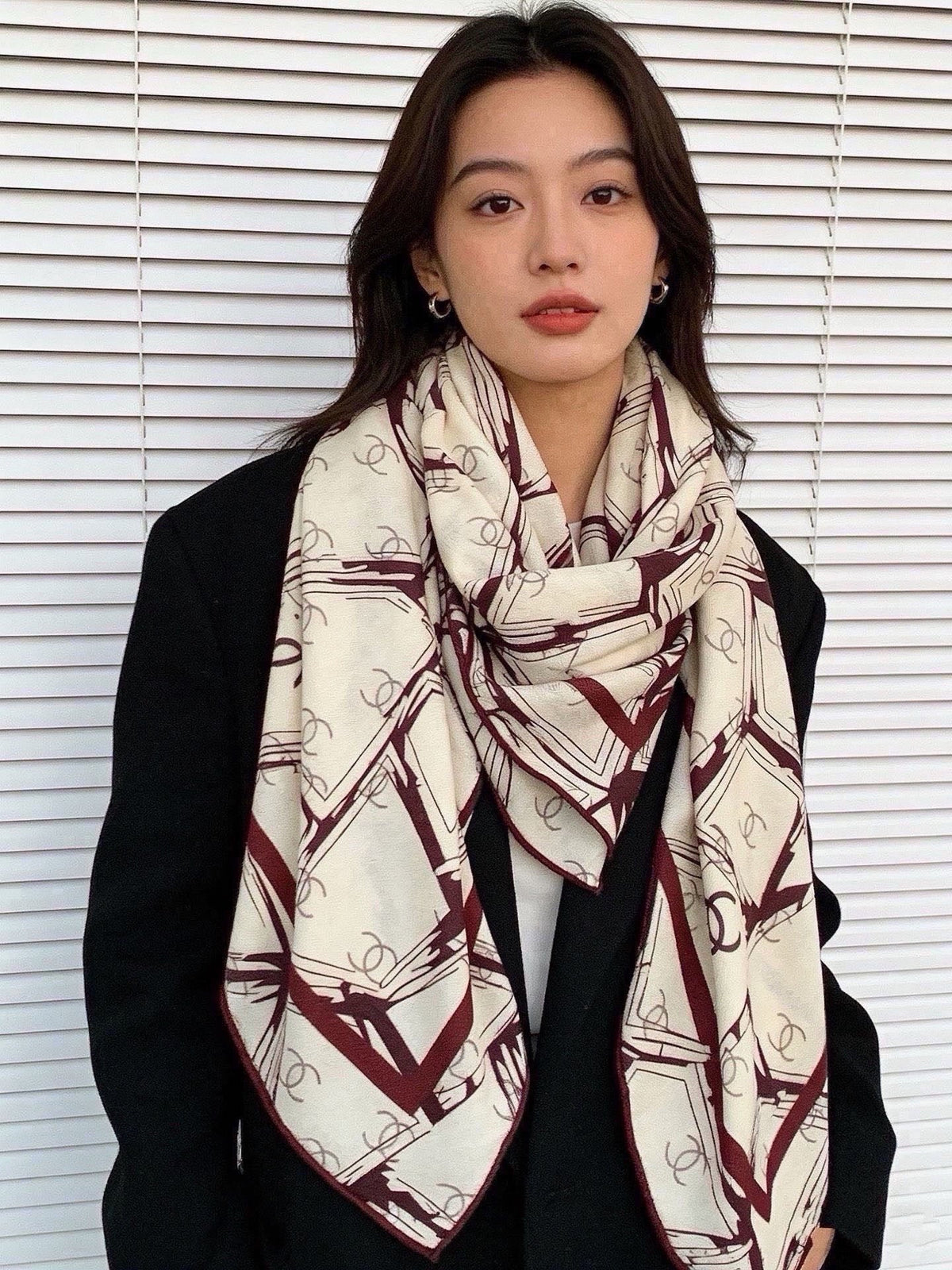 Chanel 2026 Geometric Scarf 135cm Burgundy White Silk And Cashmere 214970