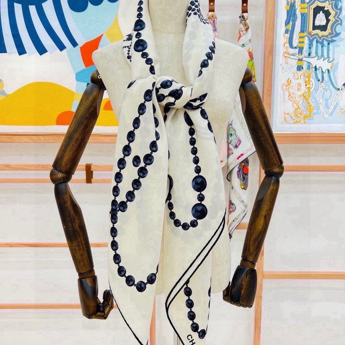 Chanel 2026 Pearl Scarf 140cm Black White Silk And Cashmere 214951