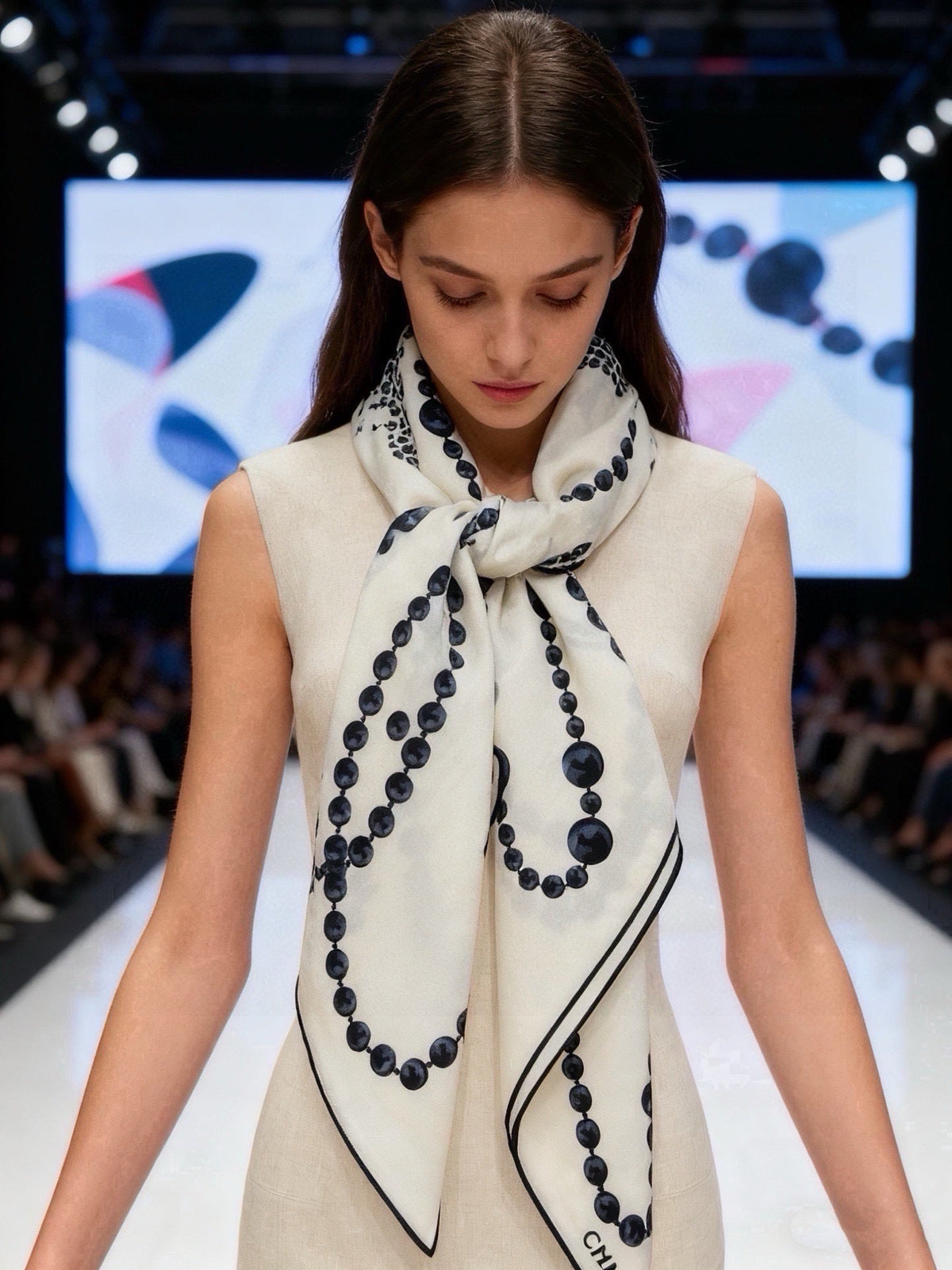 Chanel 2026 Pearl Scarf 140cm Black White Silk And Cashmere 214951