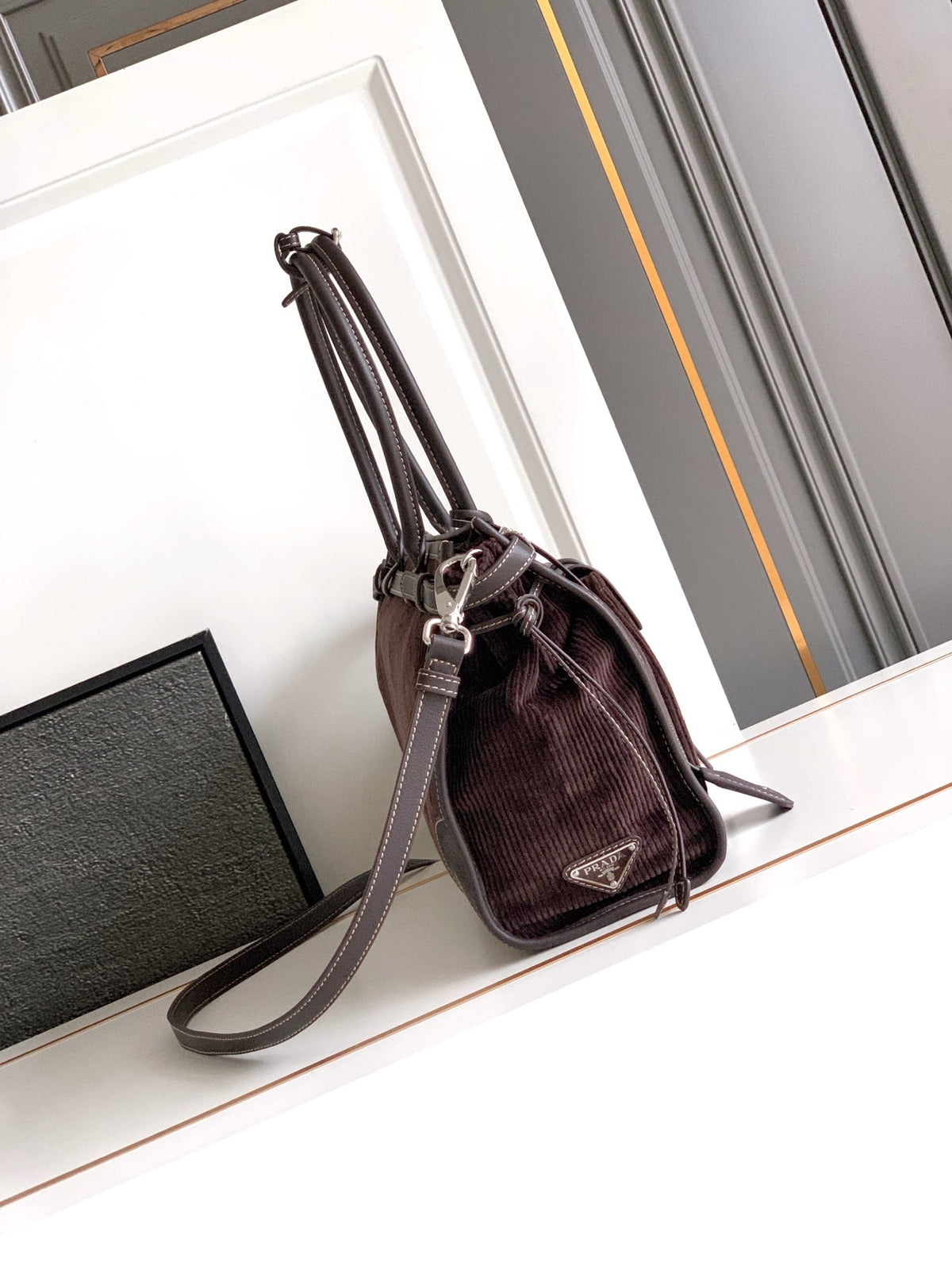 Prada 2026 Bonnie Corduroy Bag Brown Velvet Leather
