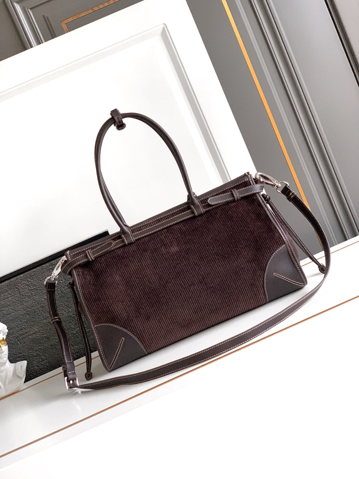 Prada 2026 Bonnie Corduroy Bag Brown Velvet Leather