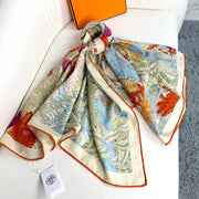 Square Scarf 135CM In Light Blue Colorful Cashmere And Silk