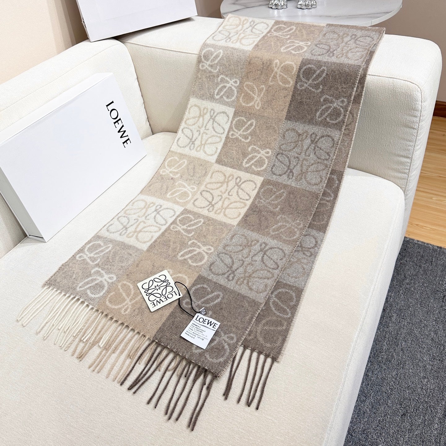 Loewe Scarf 180CM  Light Brown Gray Wool Cashmere 968611