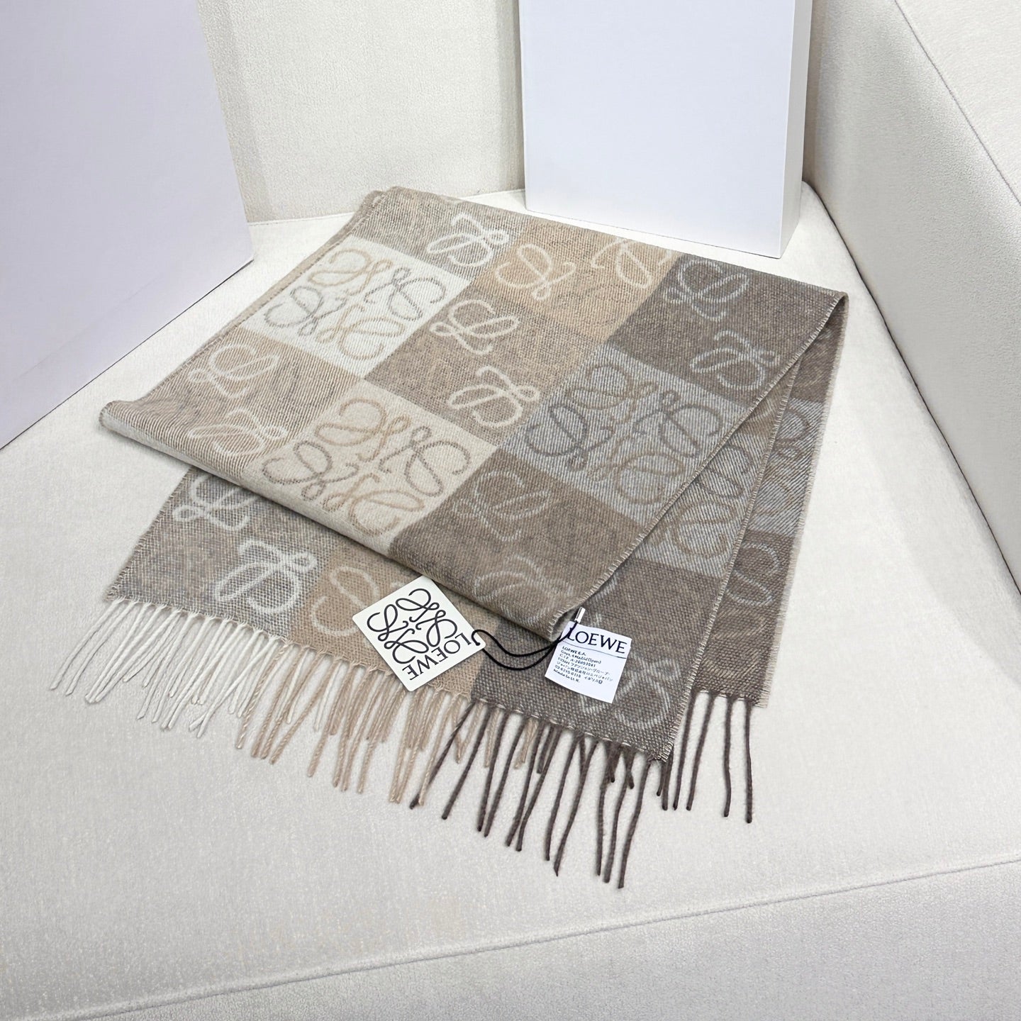 Loewe Scarf 180CM  Light Brown Gray Wool Cashmere 968611