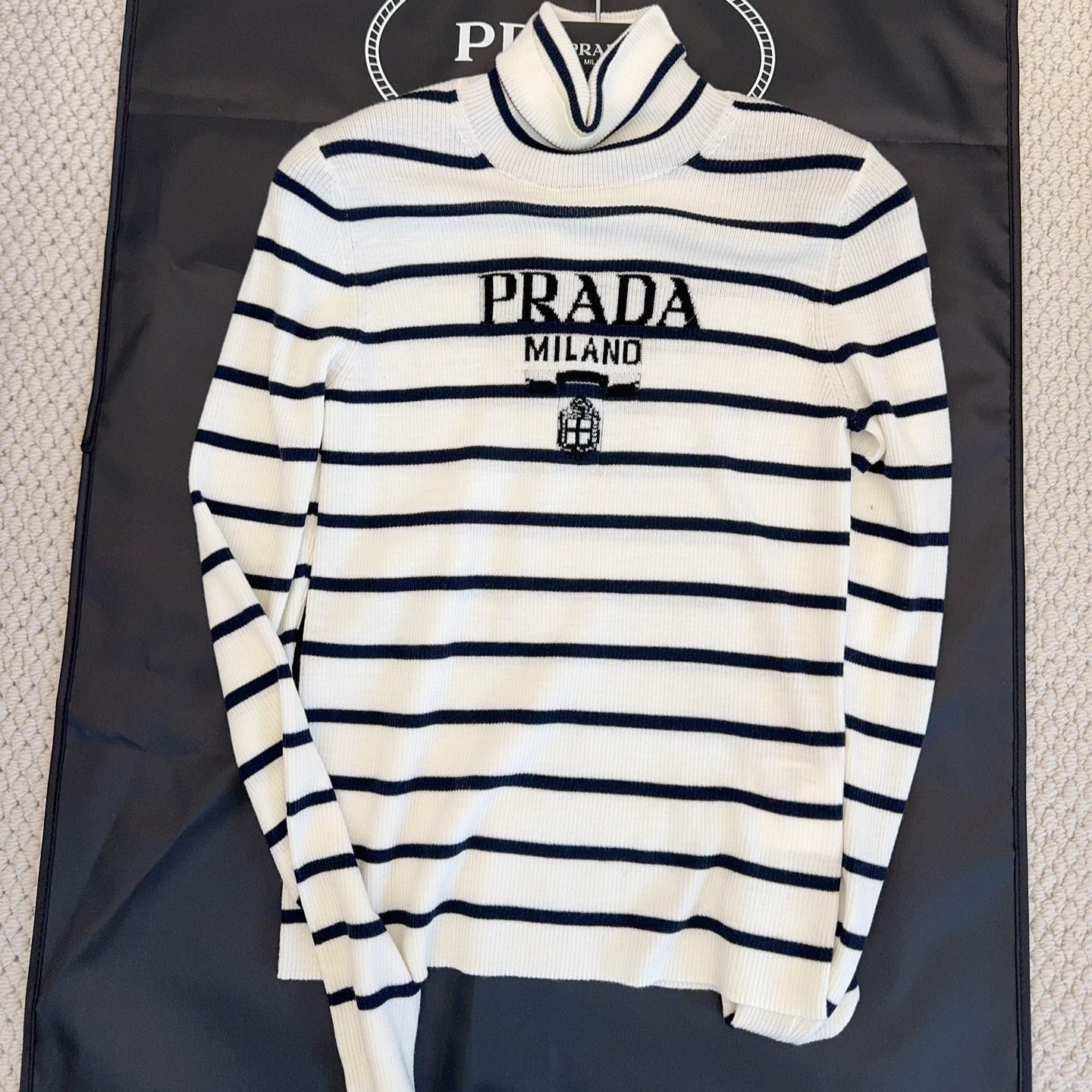 Prada Striped Knitted Turtleneck Sweater Black mix White Wool
