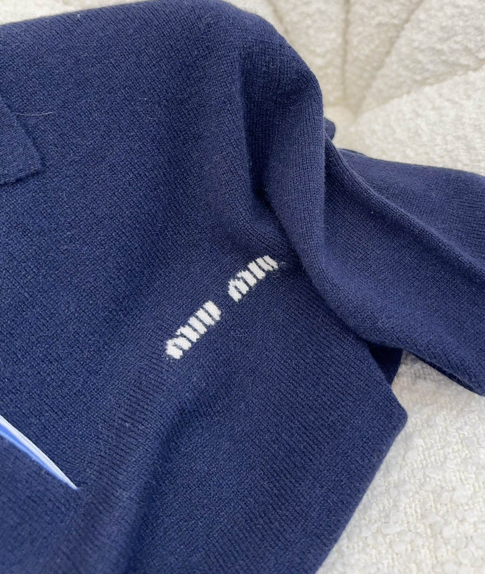 Miu Miu 25 Striped Polo Sweatshirt Dark Blue Cashmere