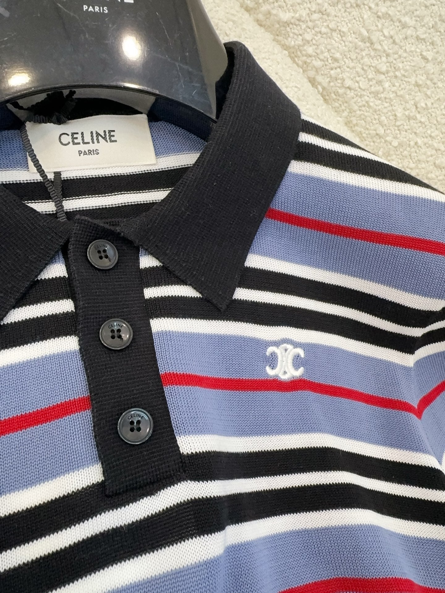 Celine 2025 Striped Polo Shirt Blue Black White Cotton