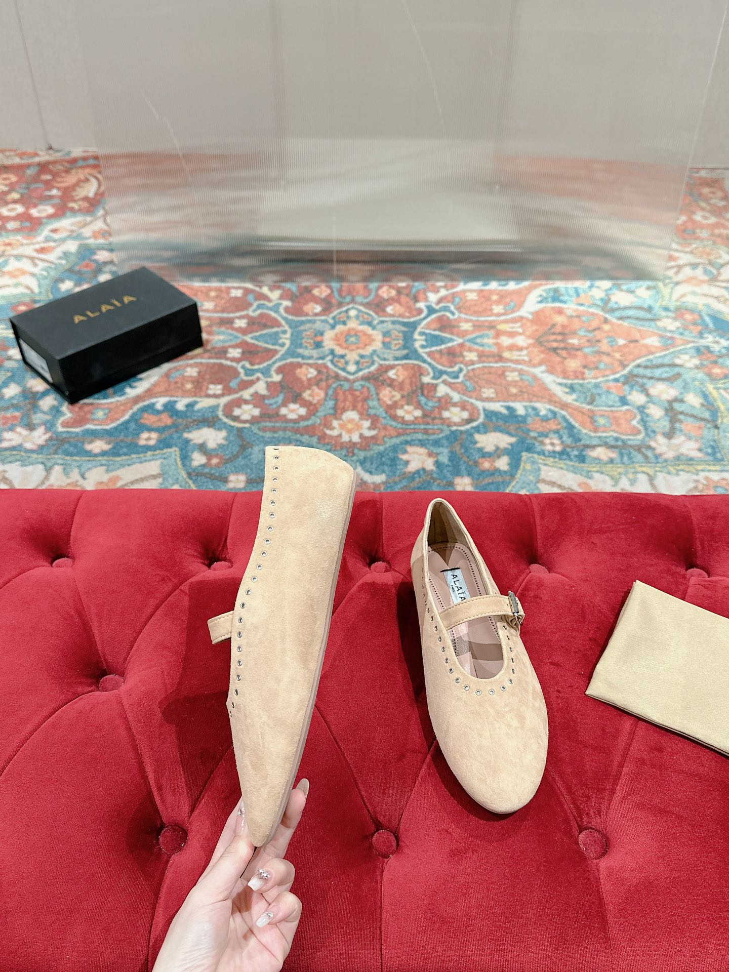 ALAIA MARY JANE IN BEIGE SUEDE WITH SILVER HARDWARE