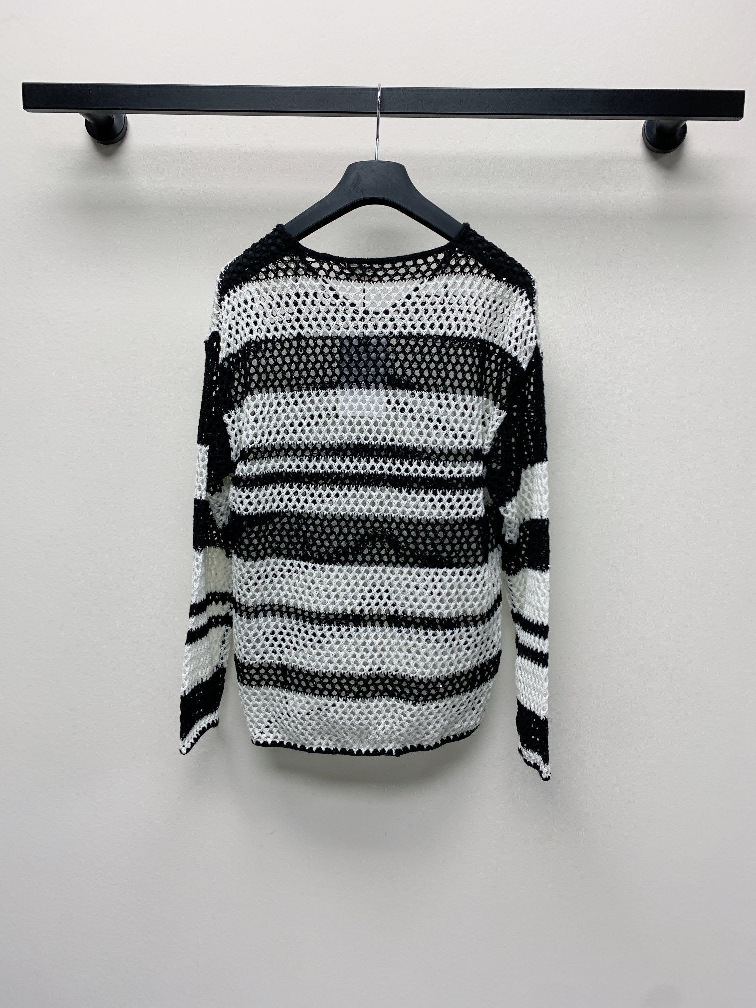 Celine 25  Hollow Crochet Cardigan Black White Wool Polyester 277568