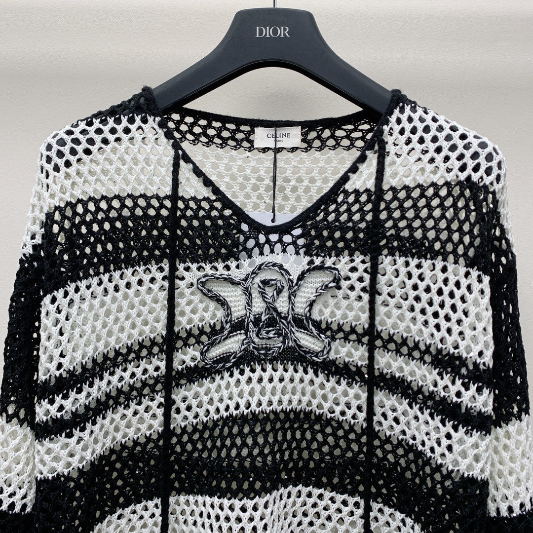 Celine 25  Hollow Crochet Cardigan Black White Wool Polyester 277568