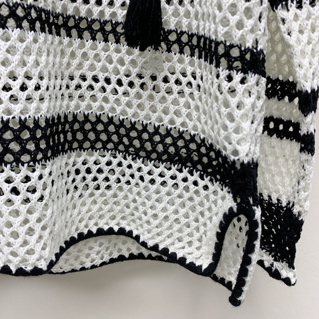Celine 25  Hollow Crochet Cardigan Black White Wool Polyester 277568