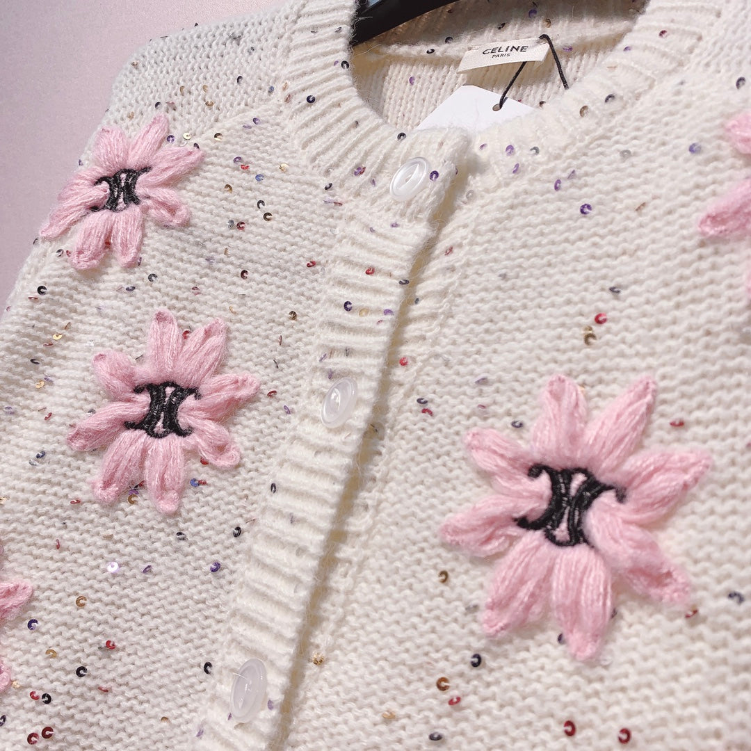 Celine 25 Flower Cardigan Cream Pink Wool