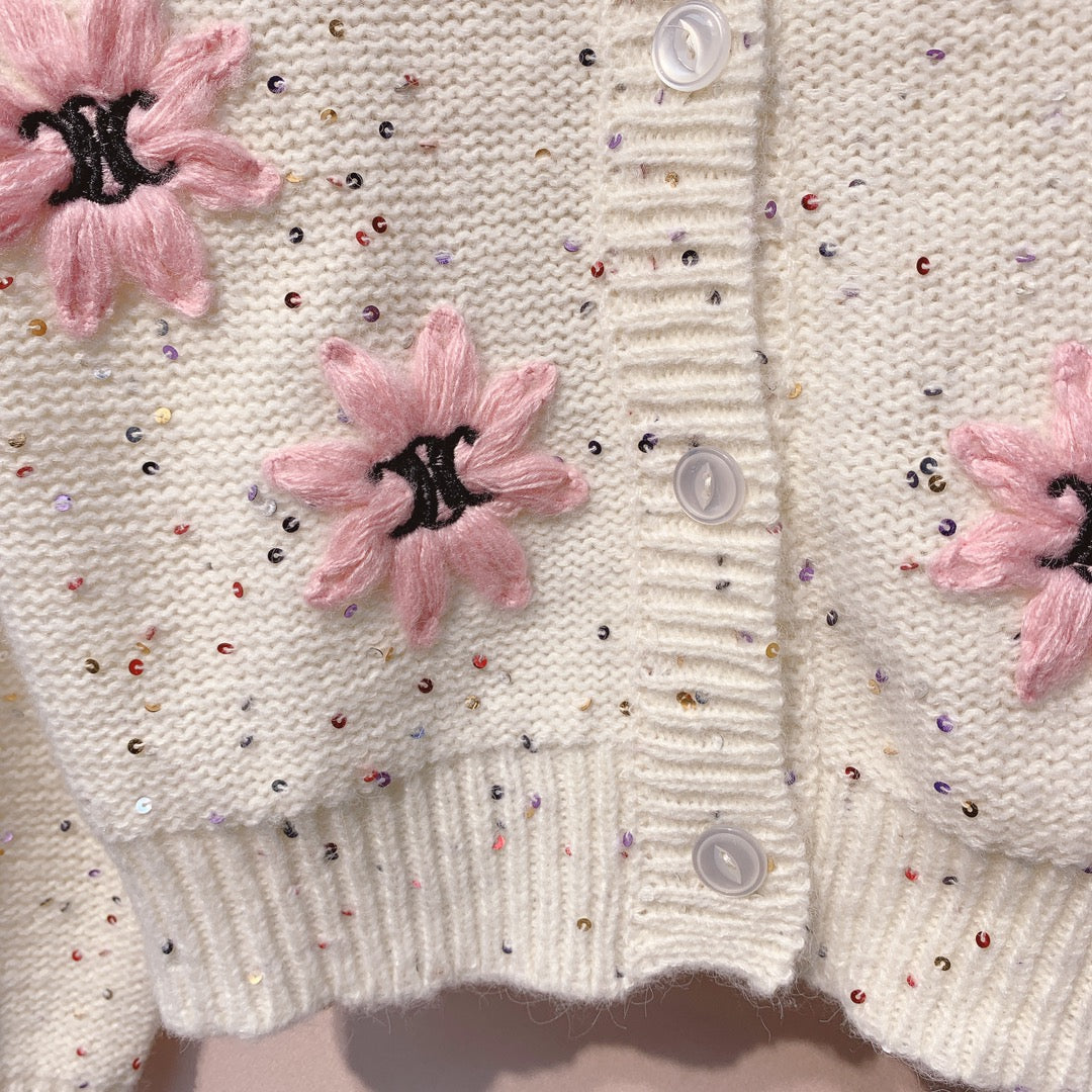 Celine 25 Flower Cardigan Cream Pink Wool