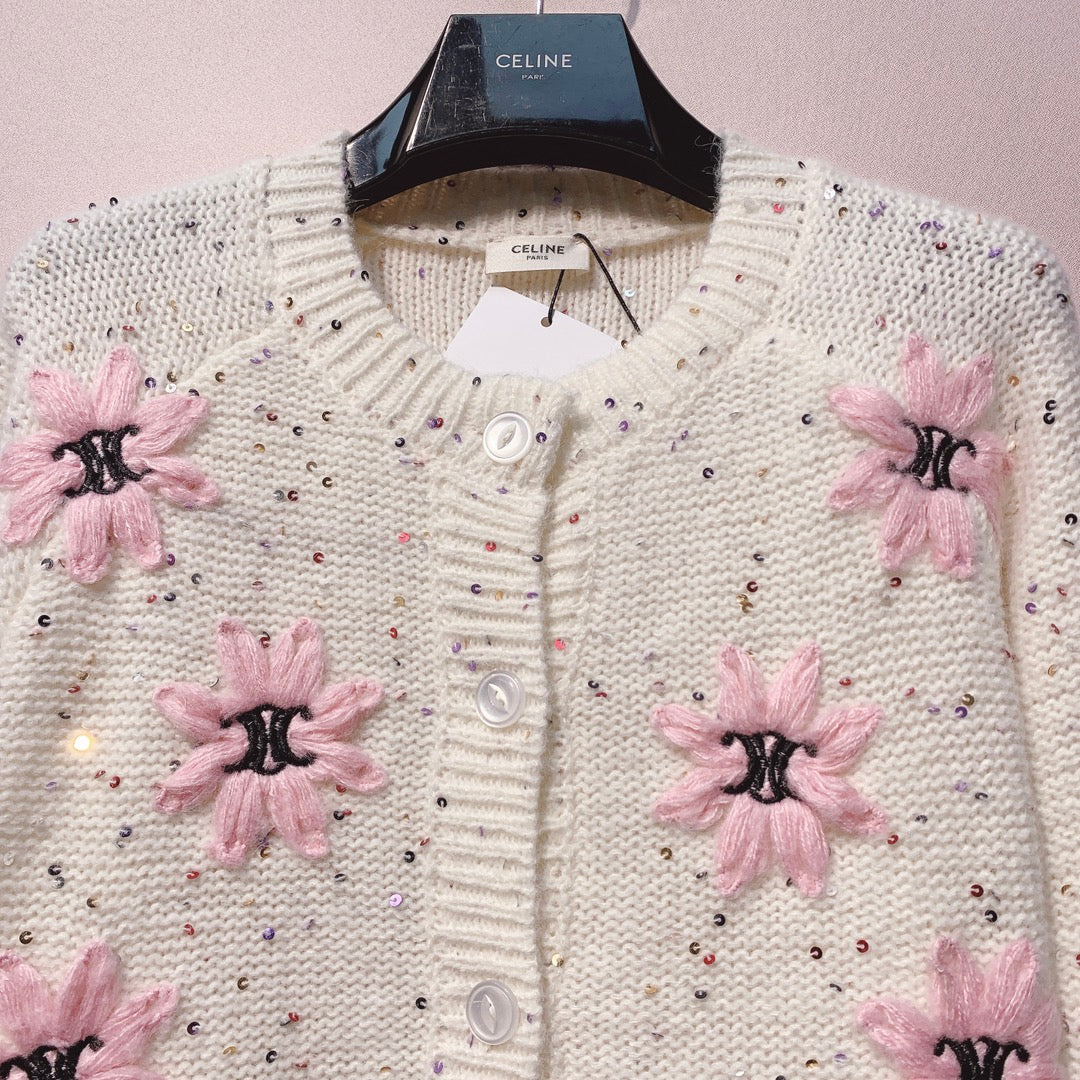 Celine 25 Flower Cardigan Cream Pink Wool