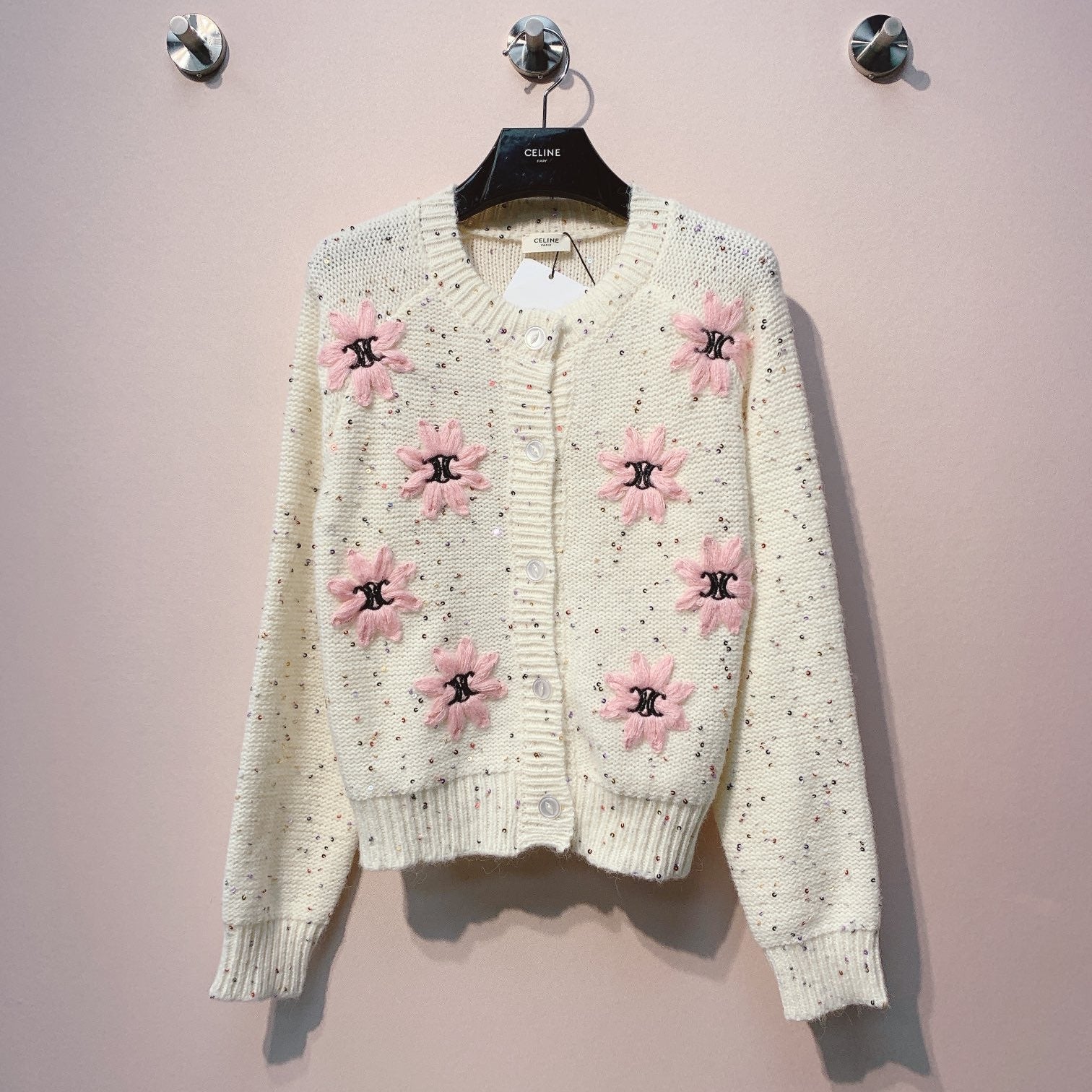 Celine 25 Flower Cardigan Cream Pink Wool