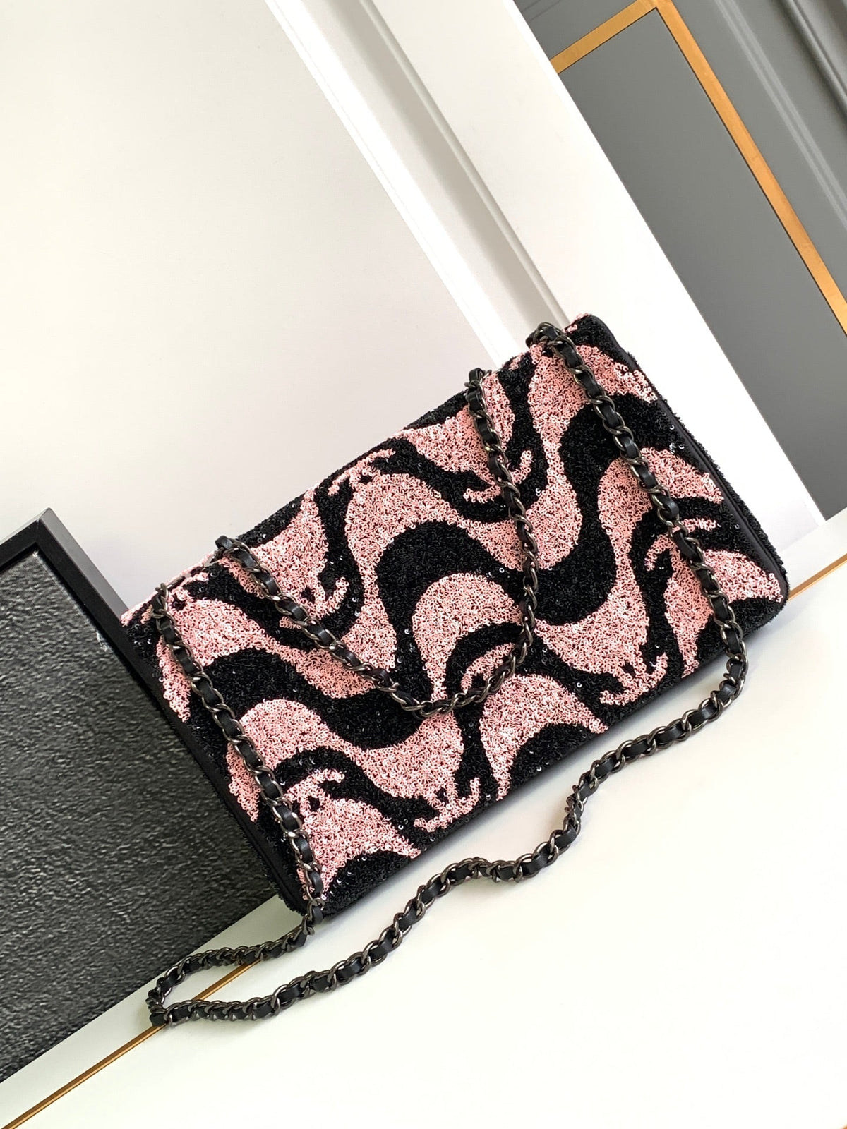 flap bag medium 25 black pink sequin silver hardware