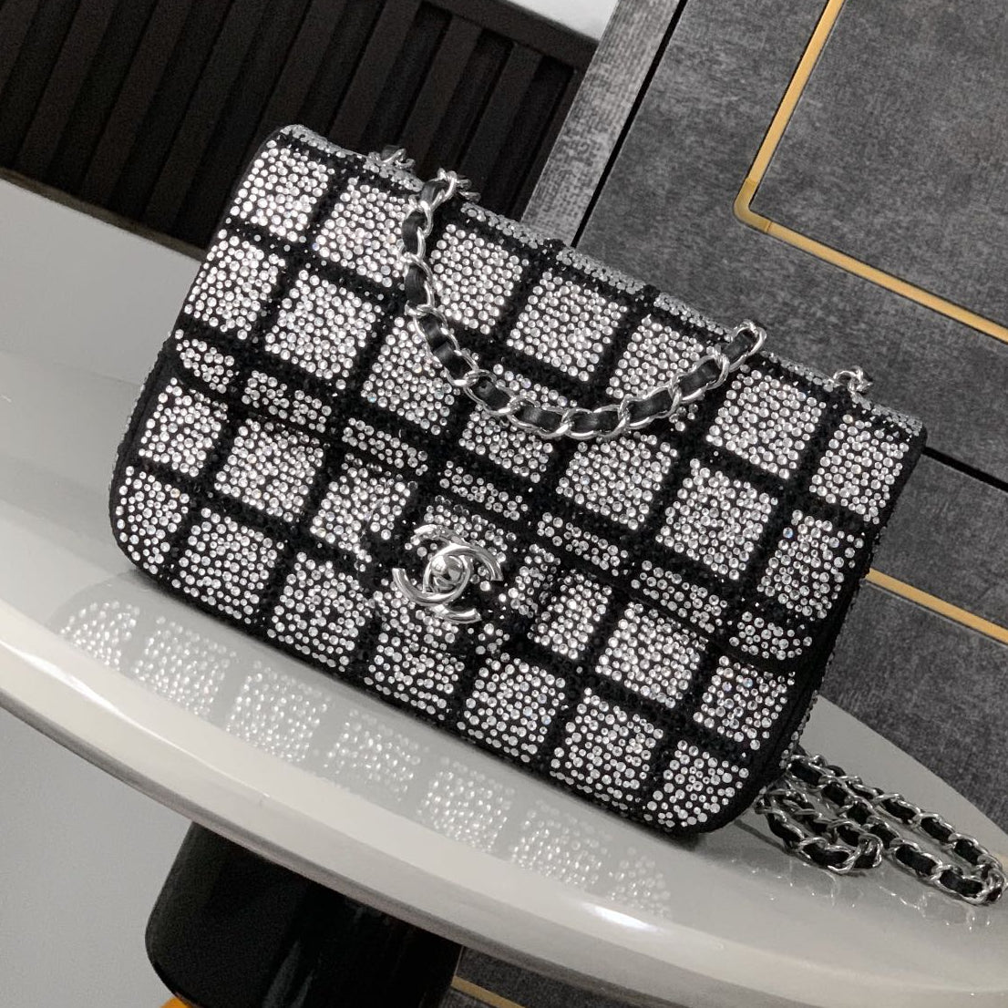 Chanel 2026 Crystal Embellished Flap Bag 20cm Black Silver Hardware Leather