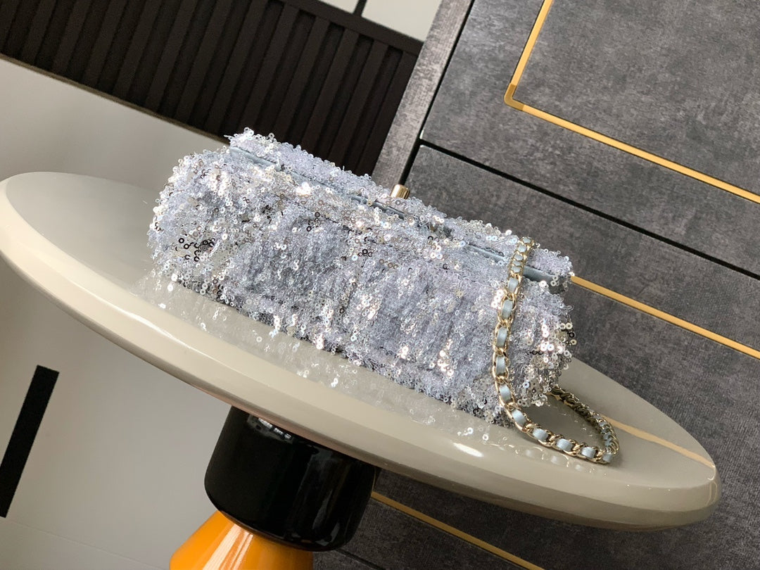 CC 25S Flap Bag 20cm Grey Fringed Sequin Calfskin