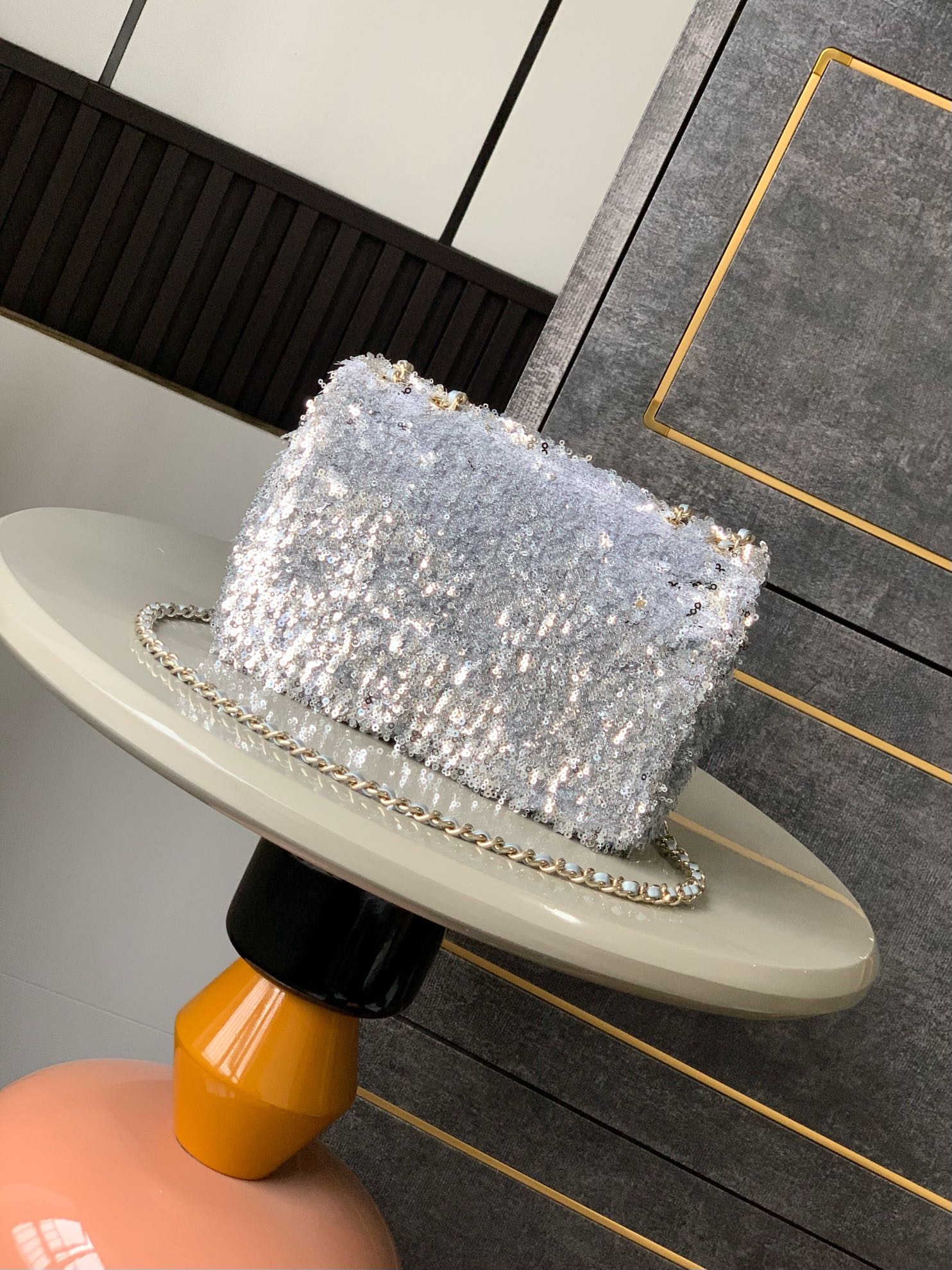 CC 25S Flap Bag 20cm Grey Fringed Sequin Calfskin