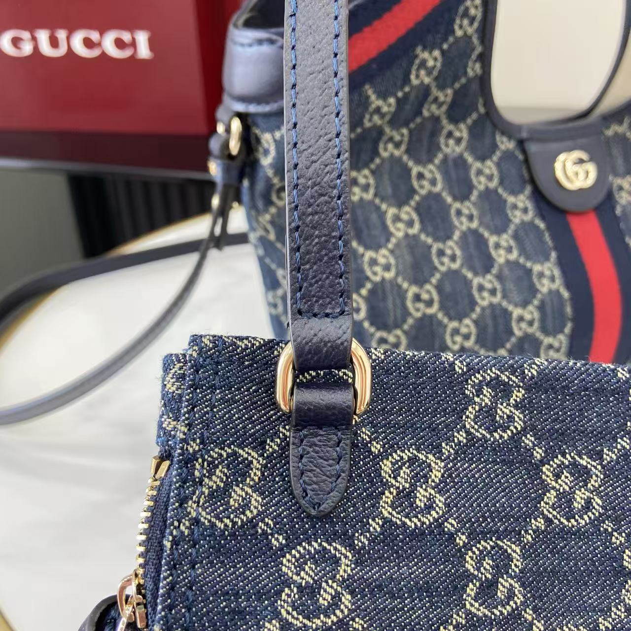 Gucci 25 Giglio 25cm Bag Blue Denim Leather 292387