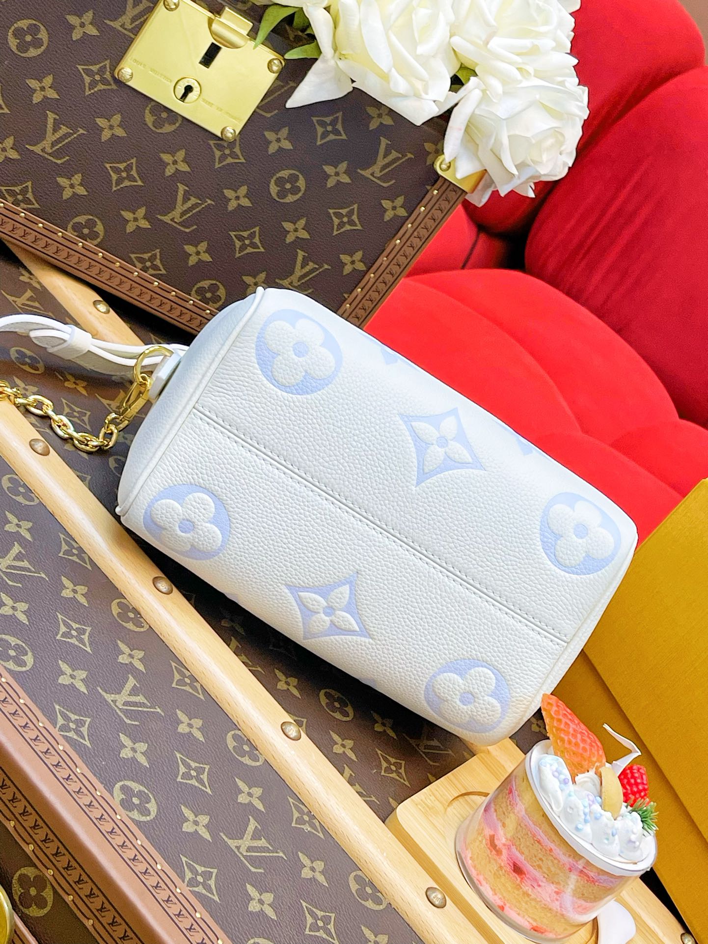 LV Speedy BandouliÃ¨re 20 White Blue Monogram Empreinte Leather