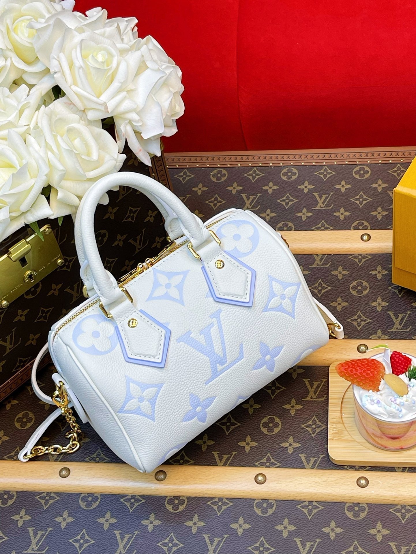 LV Speedy BandouliÃ¨re 20 White Blue Monogram Empreinte Leather
