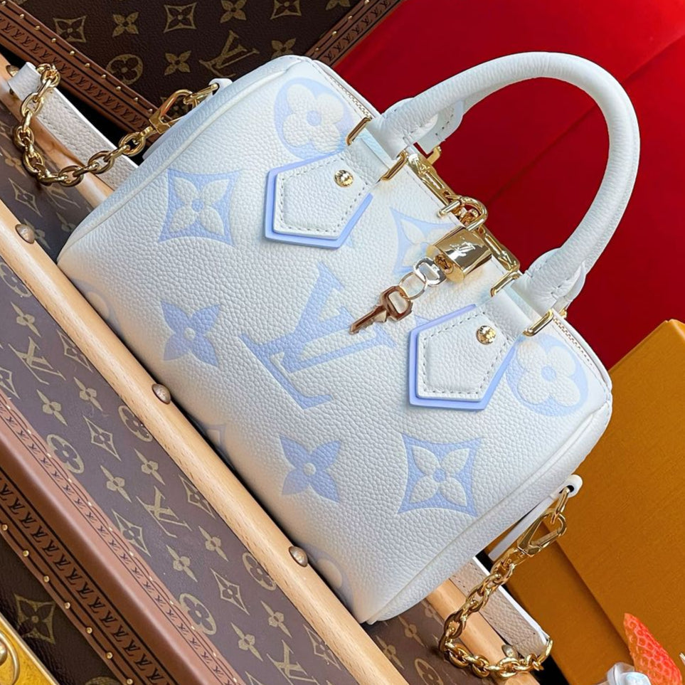 LV Speedy BandouliÃ¨re 20 White Blue Monogram Empreinte Leather