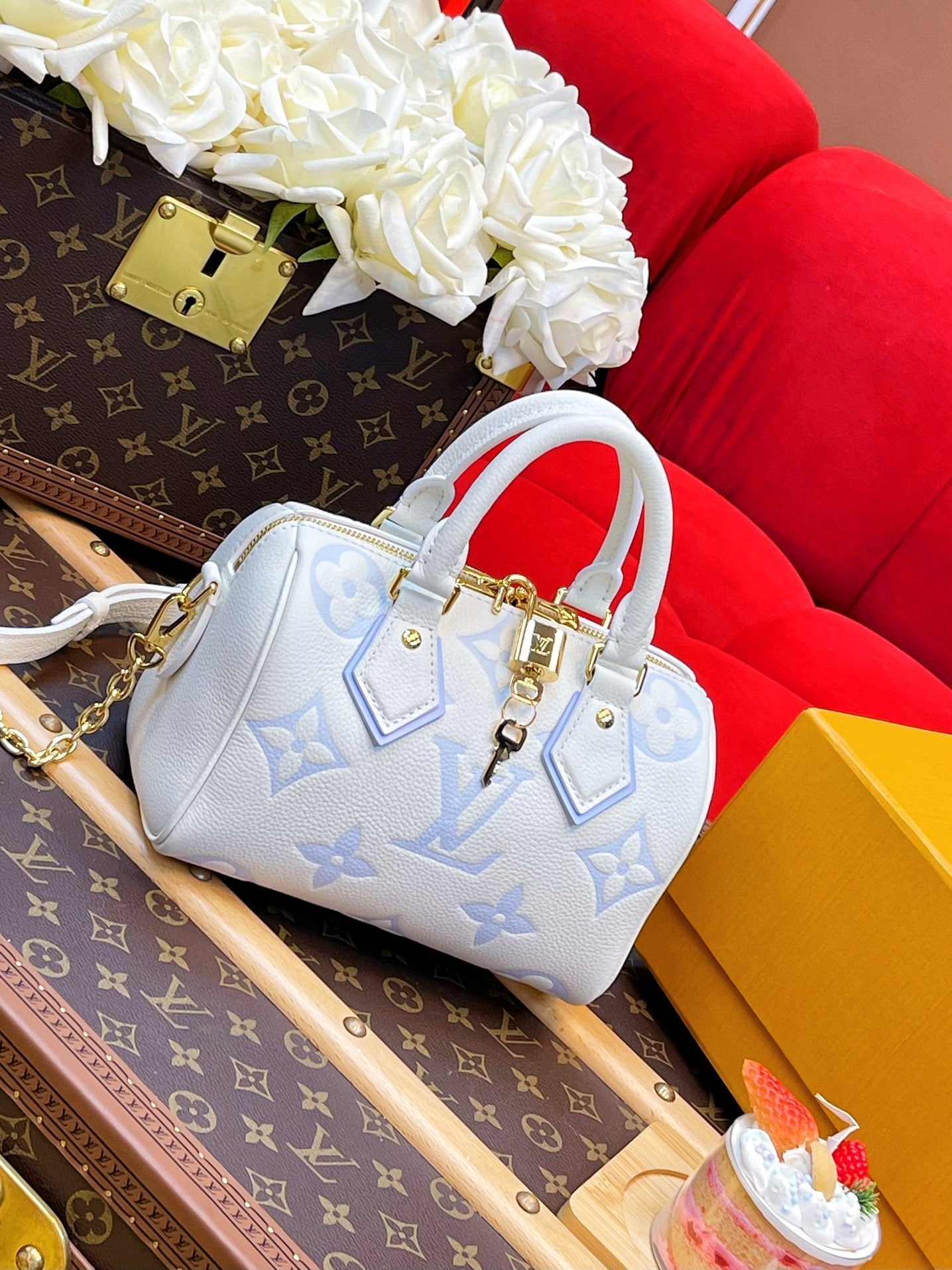 LV Speedy BandouliÃ¨re 20 White Blue Monogram Empreinte Leather