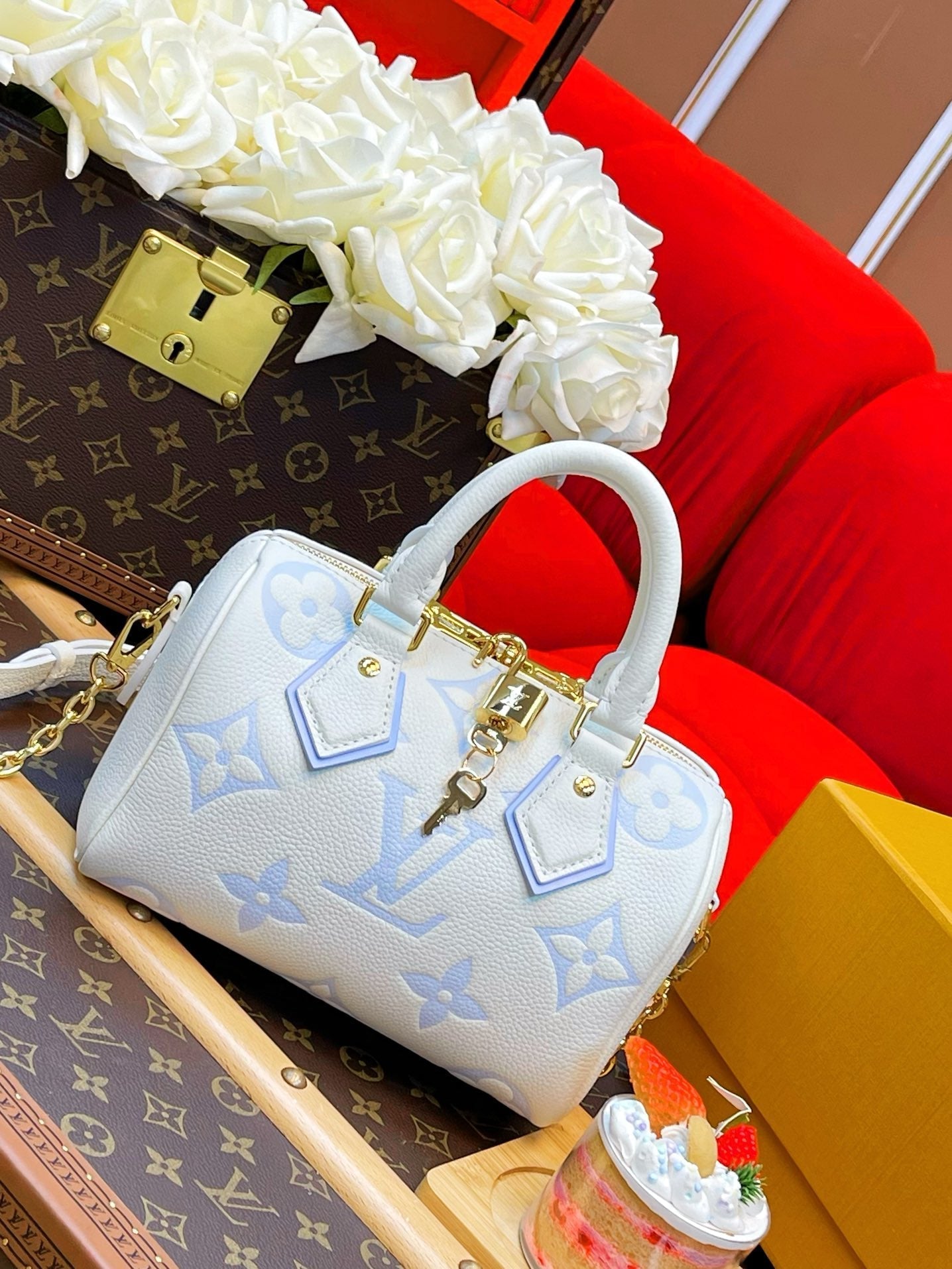 LV Speedy BandouliÃ¨re 20 White Blue Monogram Empreinte Leather
