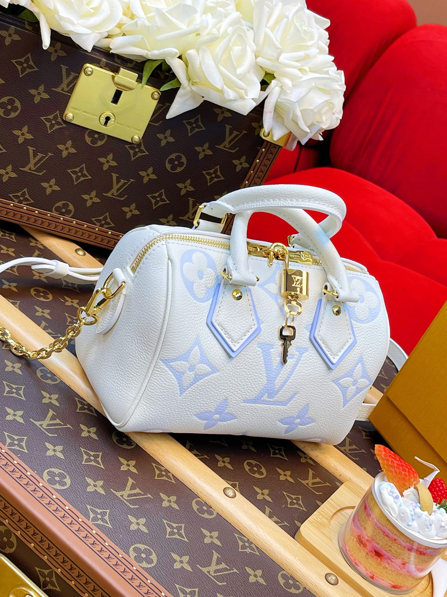LV Speedy BandouliÃ¨re 20 White Blue Monogram Empreinte Leather