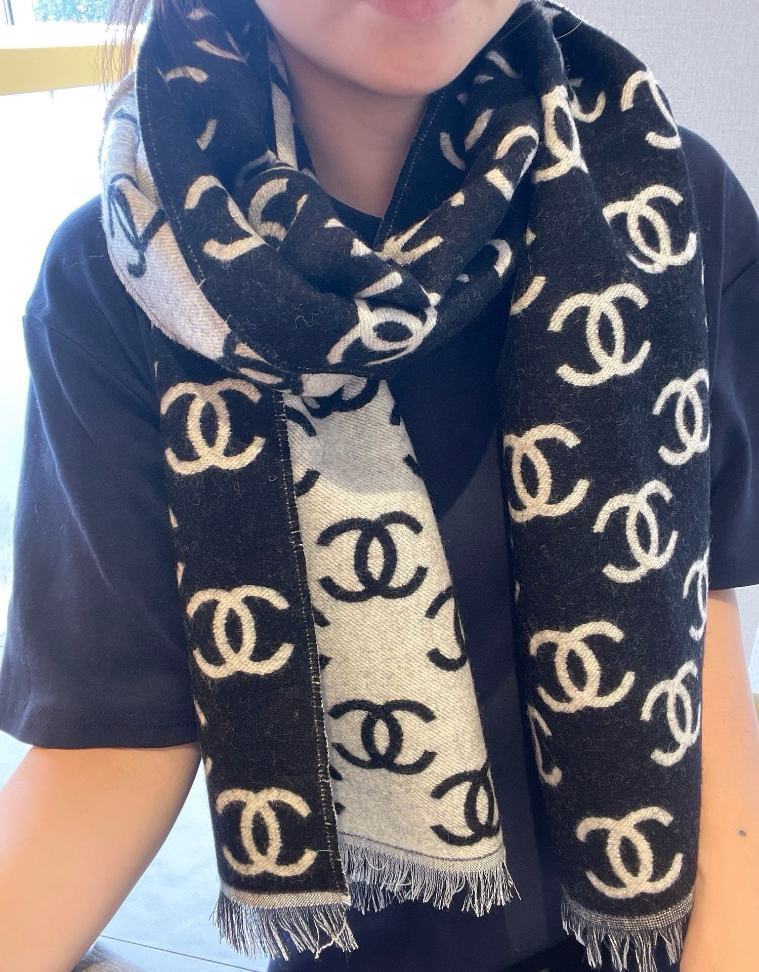 CC Scarf 180 CM In Black Mix Light Grey Print Logo Cashmere And Wool 413631