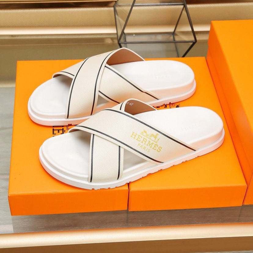 HM Men's Cross Strap Slide Beige Cowhide 544097