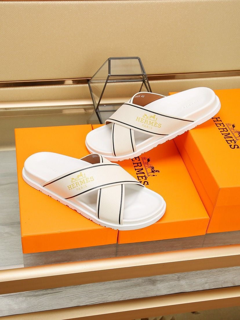 HM Men's Cross Strap Slide Beige Cowhide 544097