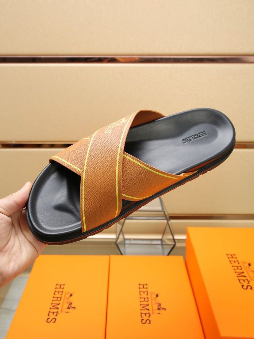 HM Men's Cross Strap Slide Orange Cowhide 544098