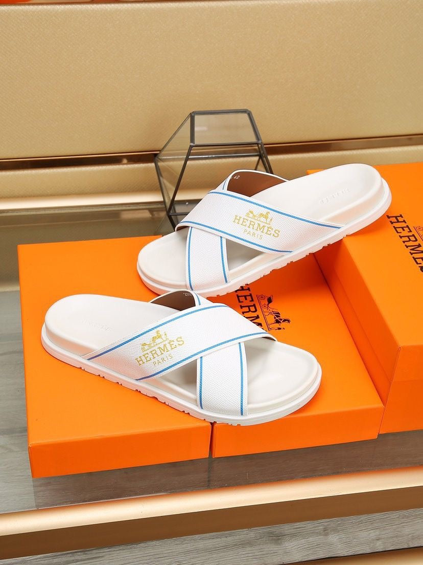 HM Men's Cross Strap Slide White Cowhide 544099