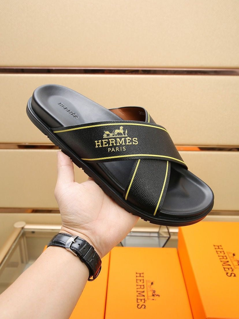 HM Men's Cross Strap Slide Black Cowhide 544100