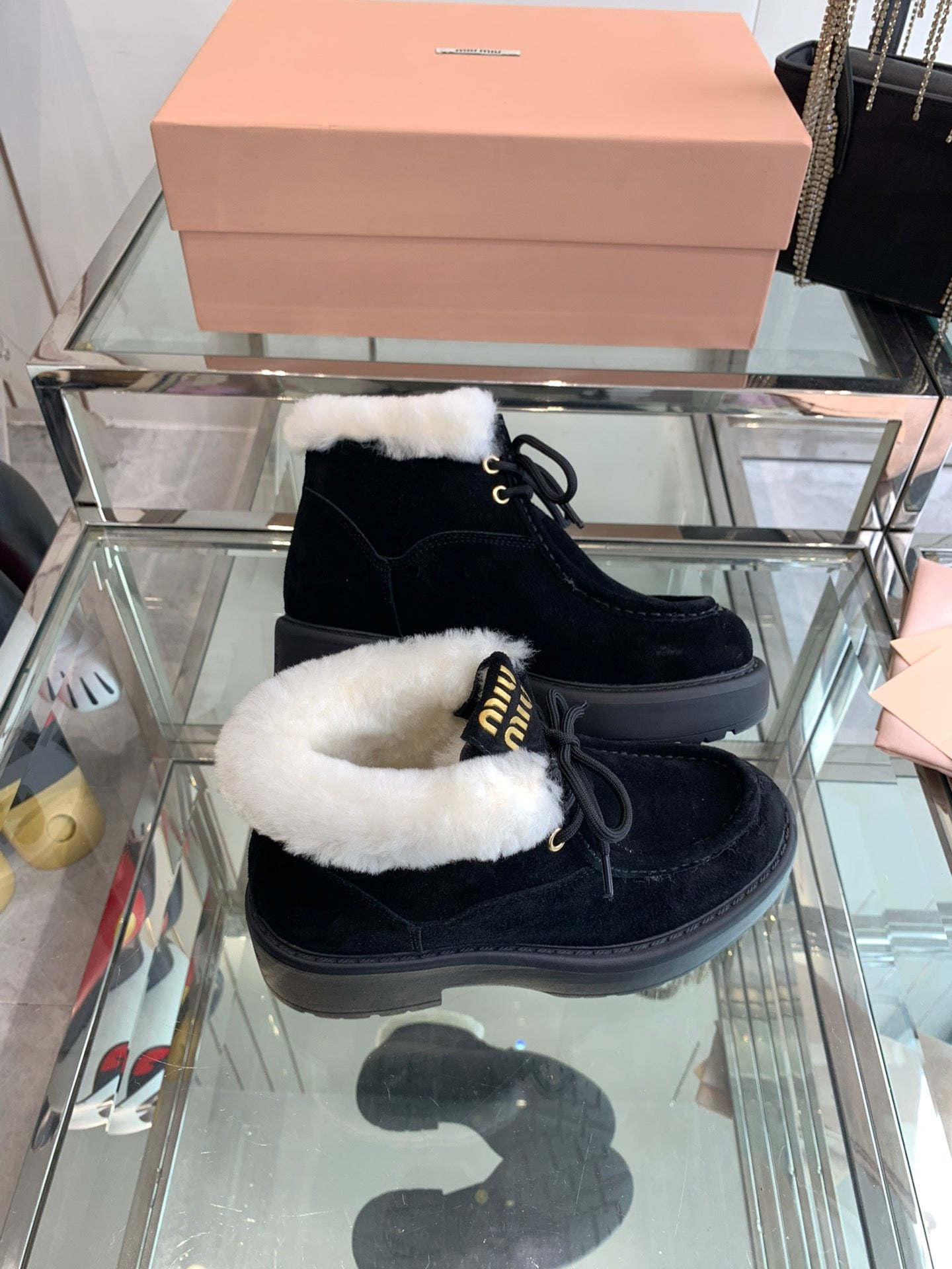 Miu Ankle Boots Black Open-Hemmed Cowhide