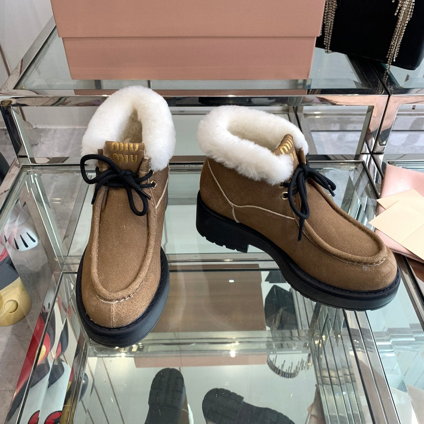 Miu Ankle Boots Vintage Brown Open-Hemmed Cowhide