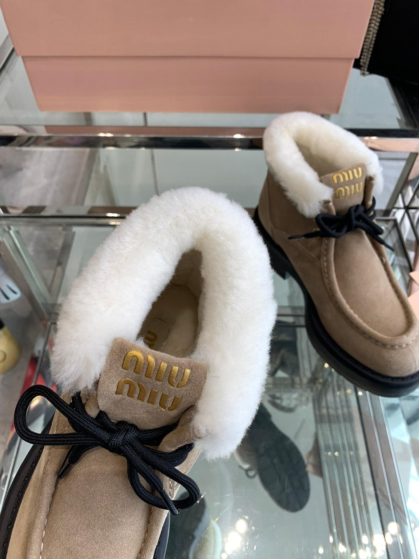 Miu Short Wool Boots Khaki Brown Open-Hemmed Cowhide