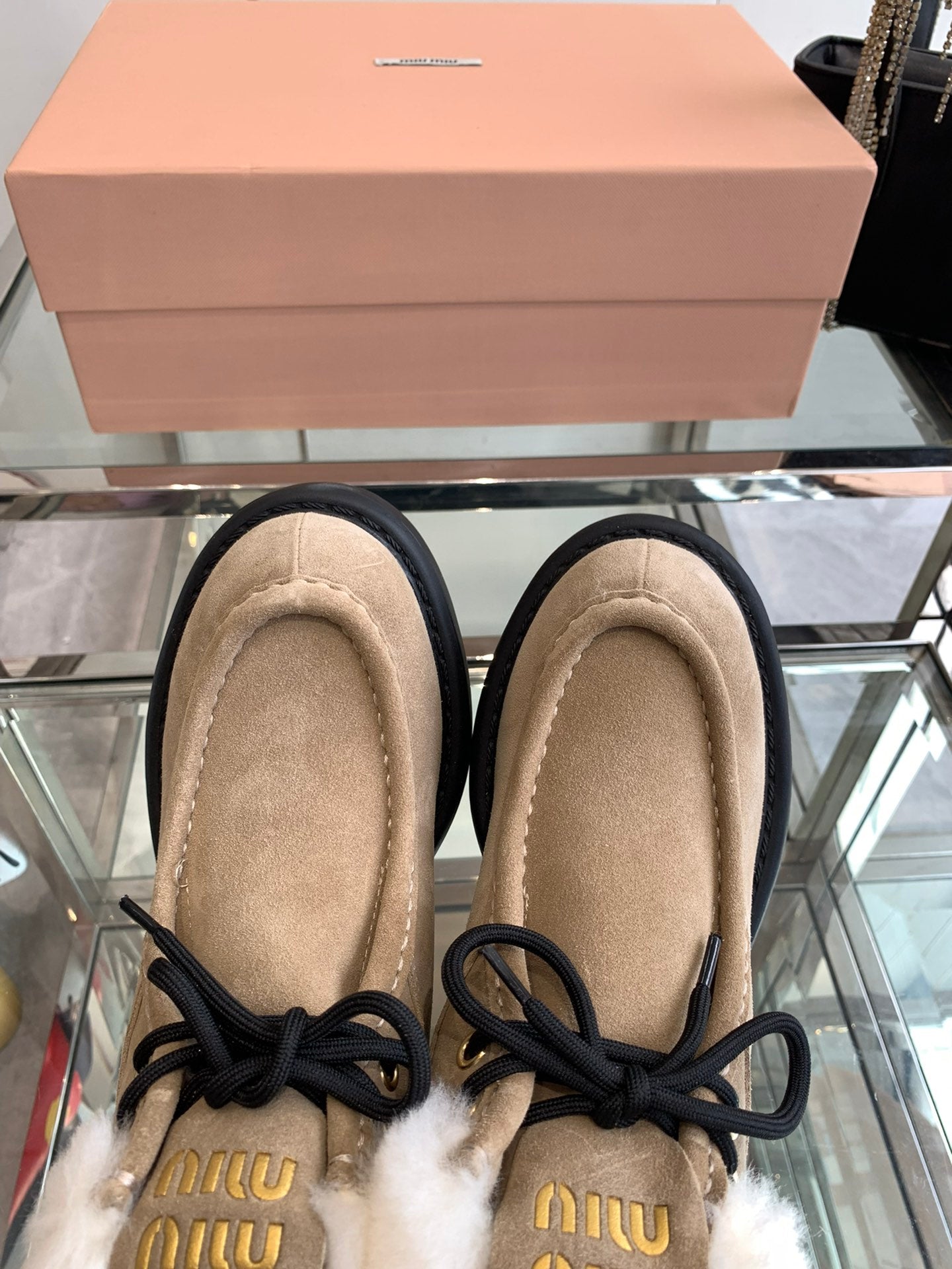 Miu Short Wool Boots Khaki Brown Open-Hemmed Cowhide