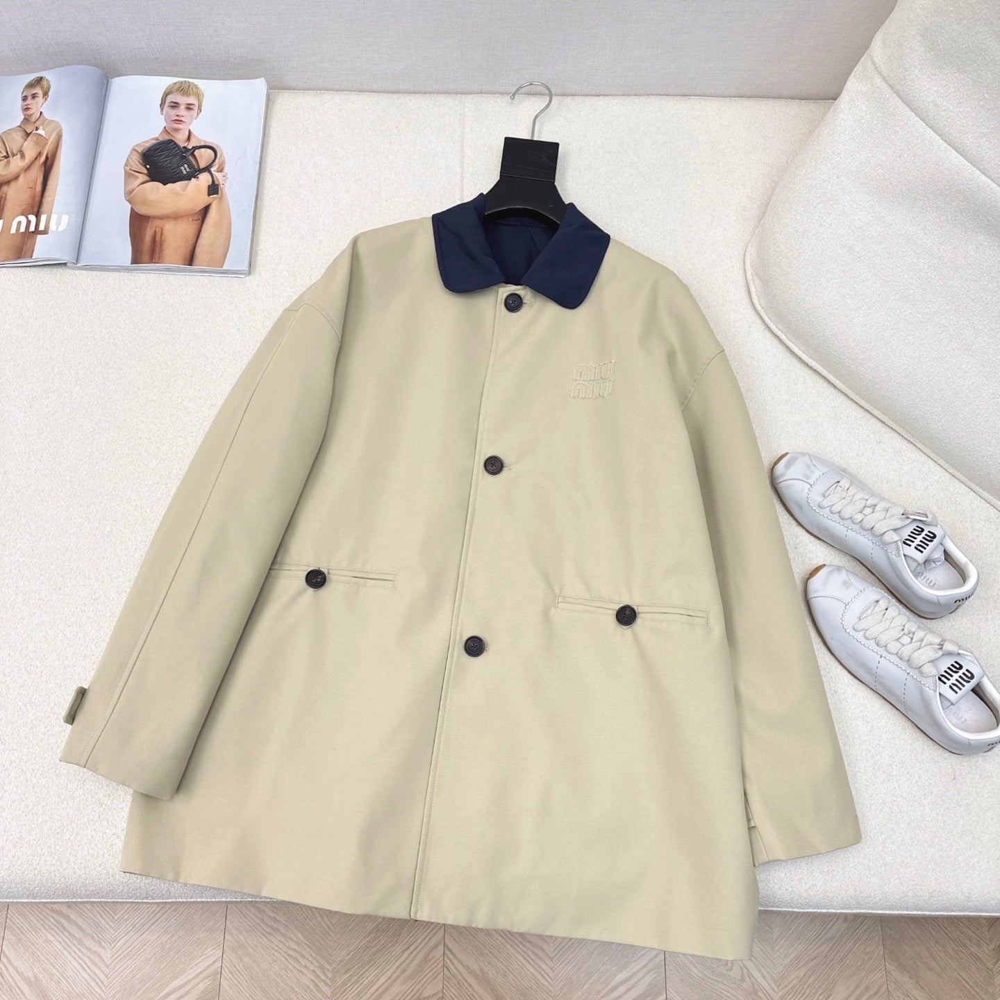 Miu Miu 25 Mid-length Trench Coat Blue Beige Cotton Polyester