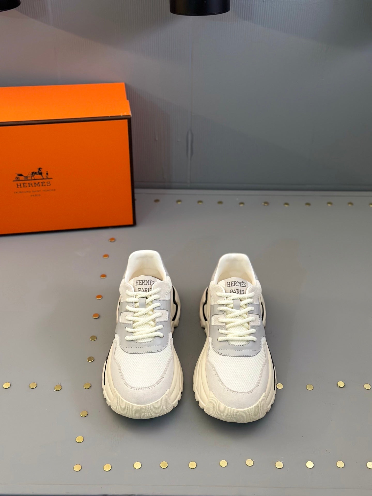 HM Men's Sneaker White Grey Mesh Calfskin 541262