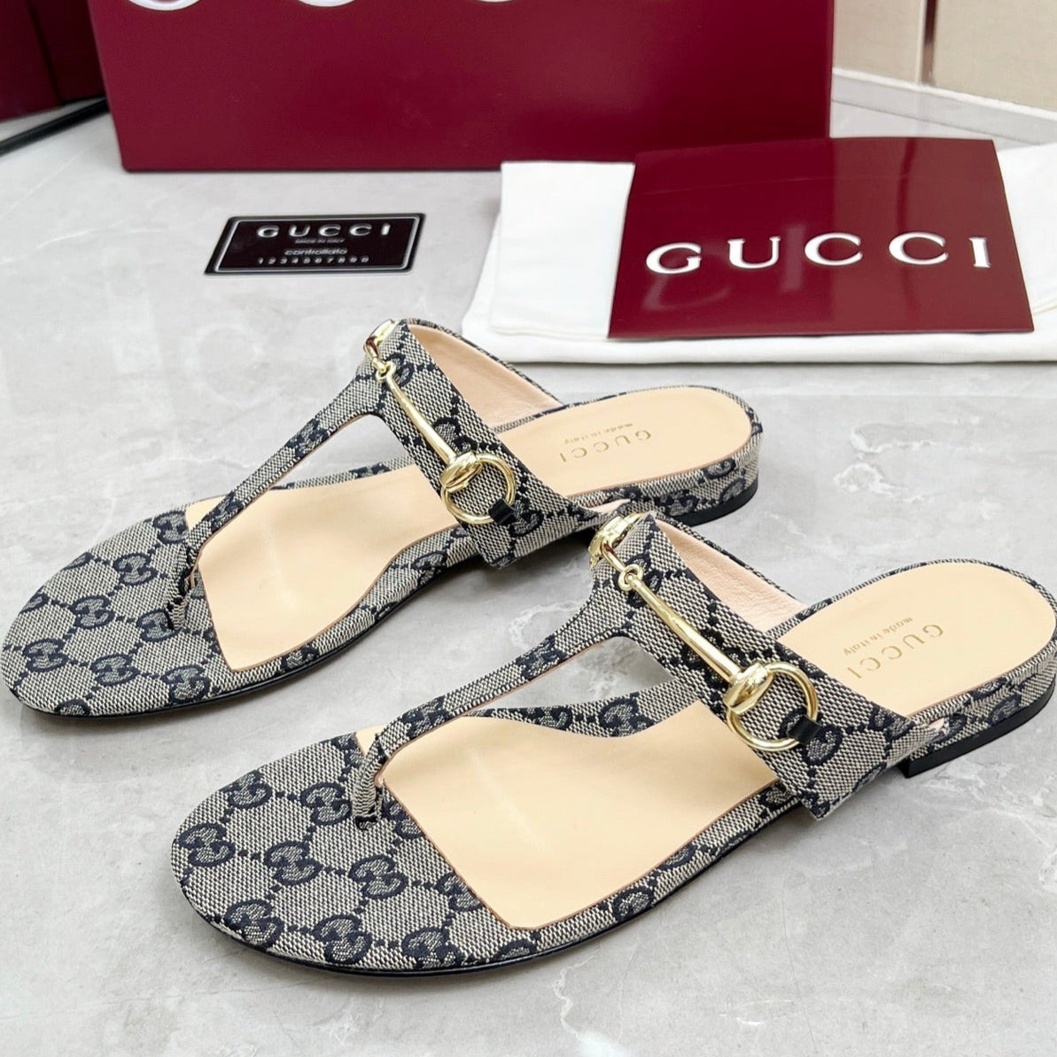 GC 25 Horsebit Thong Sandals Gray Canvas Leather 293854