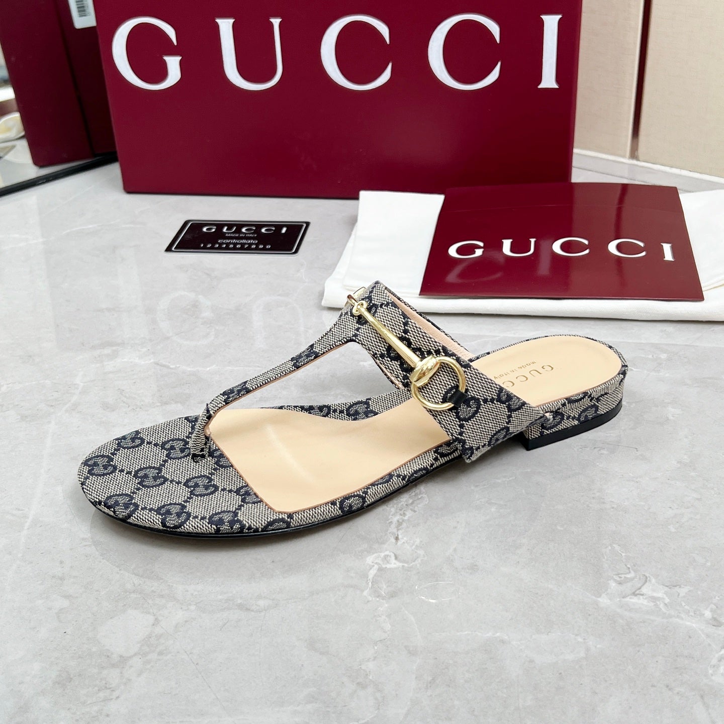 GC 25 Horsebit Thong Sandals Gray Canvas Leather 293854