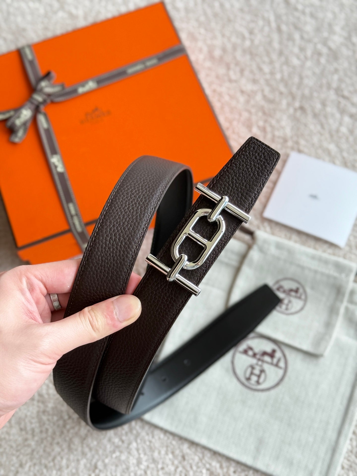 HM Ancre Buckle Belt 32mm Black Chocolate Leather 187517