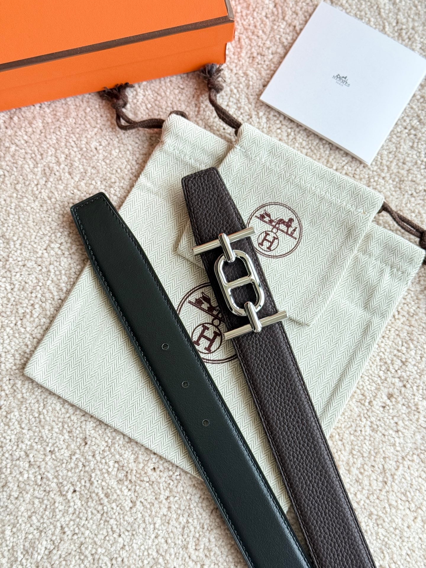 HM Ancre Buckle Belt 32mm Black Chocolate Leather 187517