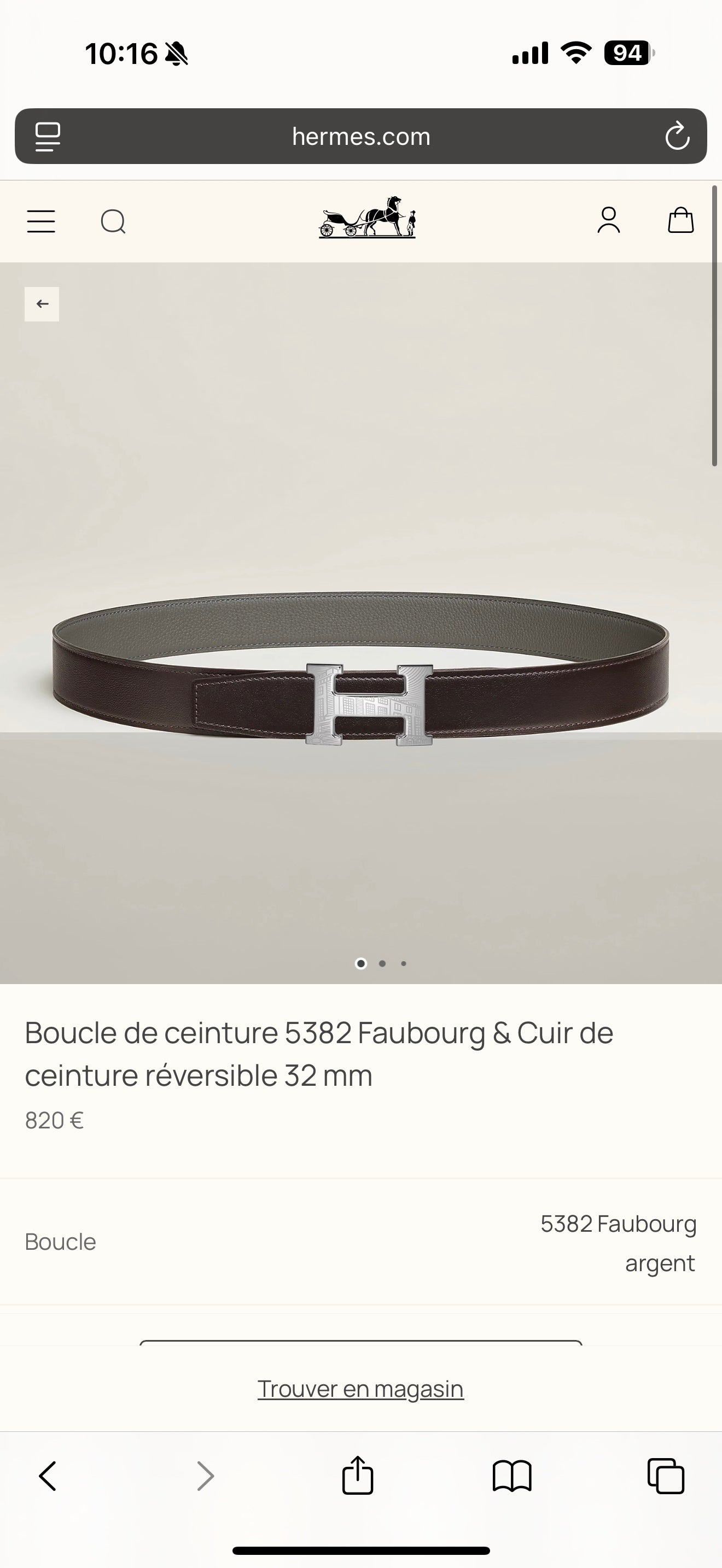 HM Silver H 5382 Faubourg Buckle Belt 32mm Gray Green Leather 187600