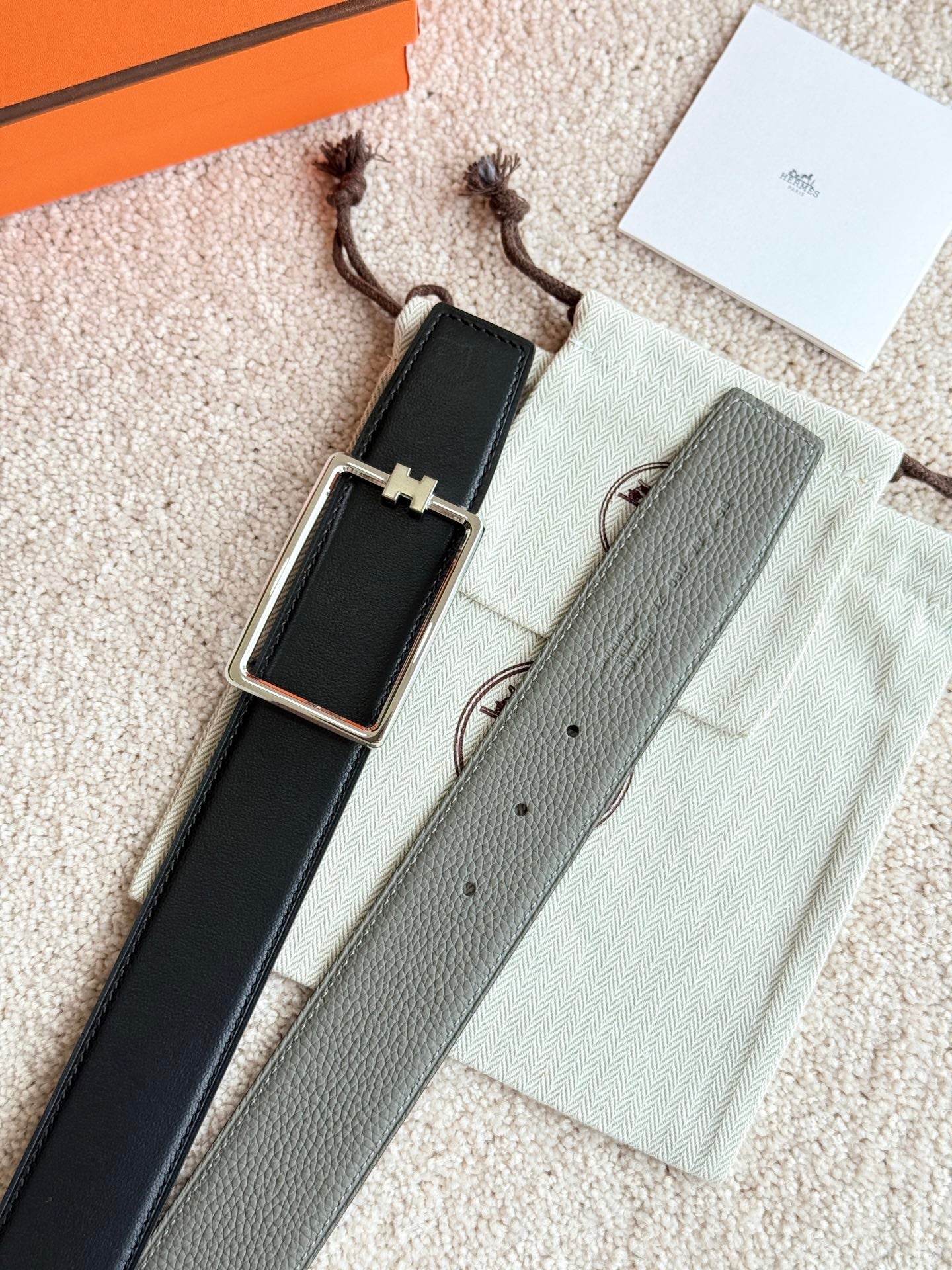 HM Silver Tube H Buckle Belt 38mm Meyer gray Leather 187782