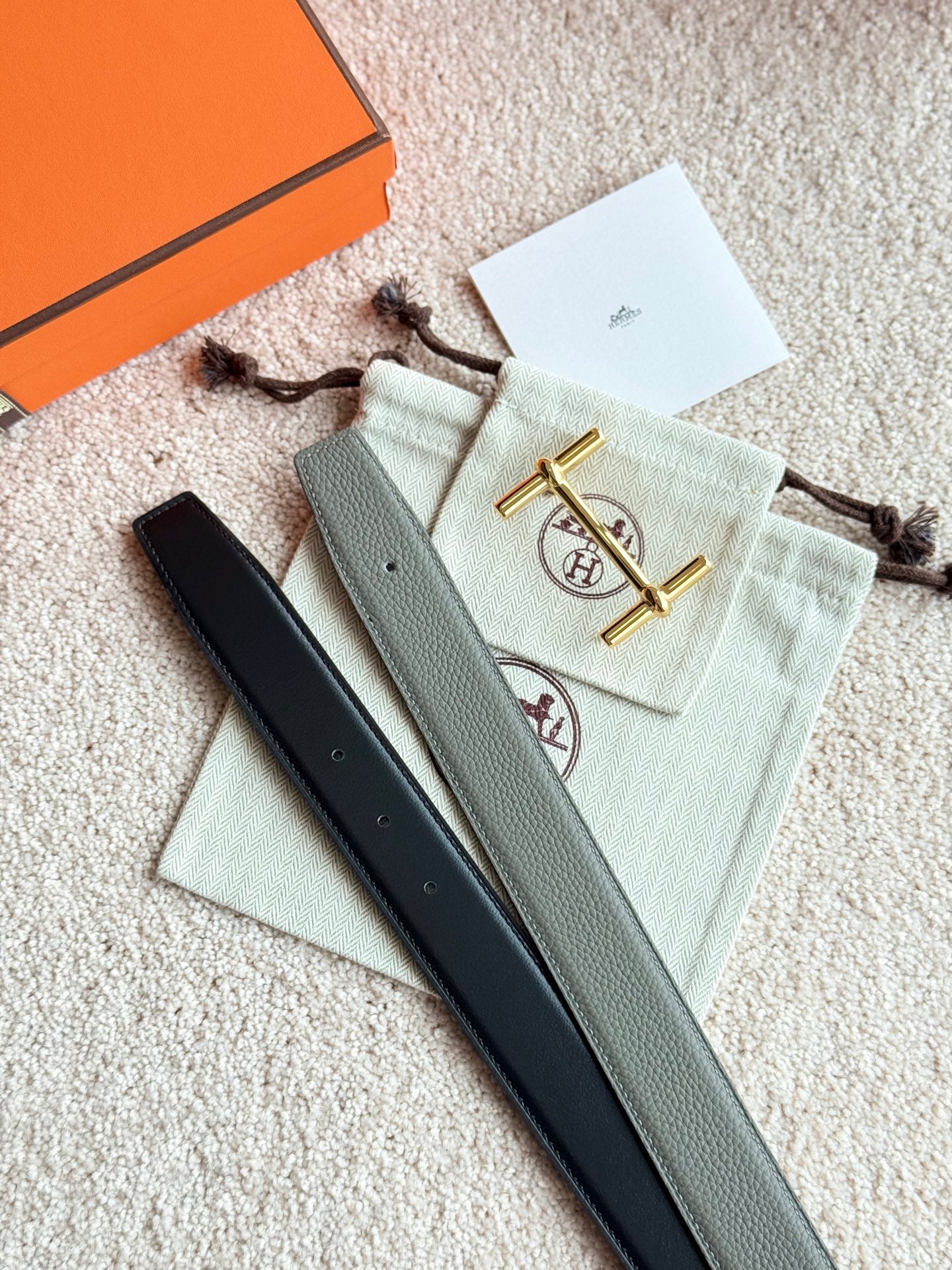 HM Gold H d'Ancre Belt Meyer Gray Leather 187774